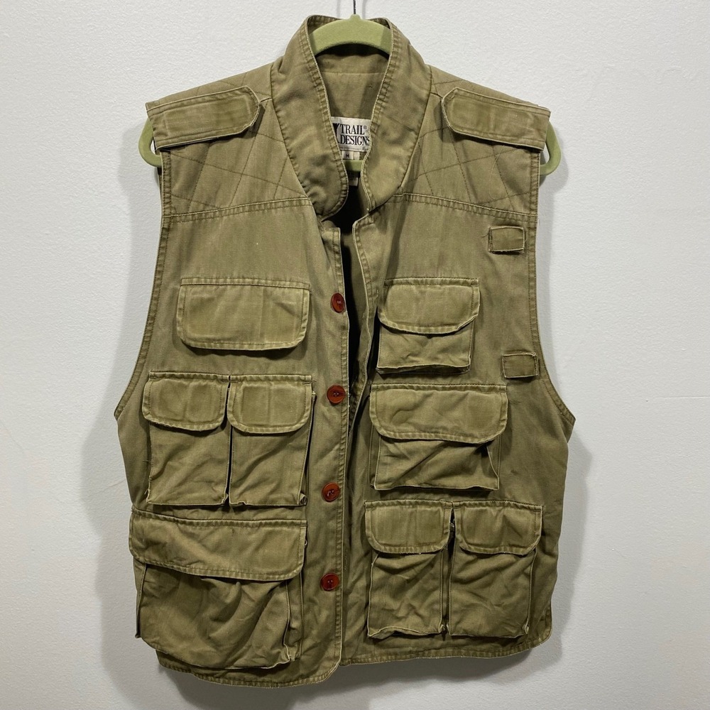 Trail Designs Mens Utility Vest‎ Olive Green Quilted Back Multiple Pockets